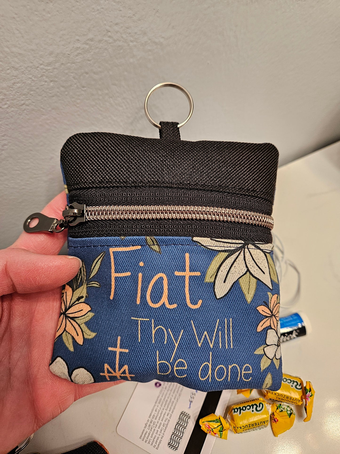 Double-sided zipper pouch with keyring Christian Catholic fabric pouch