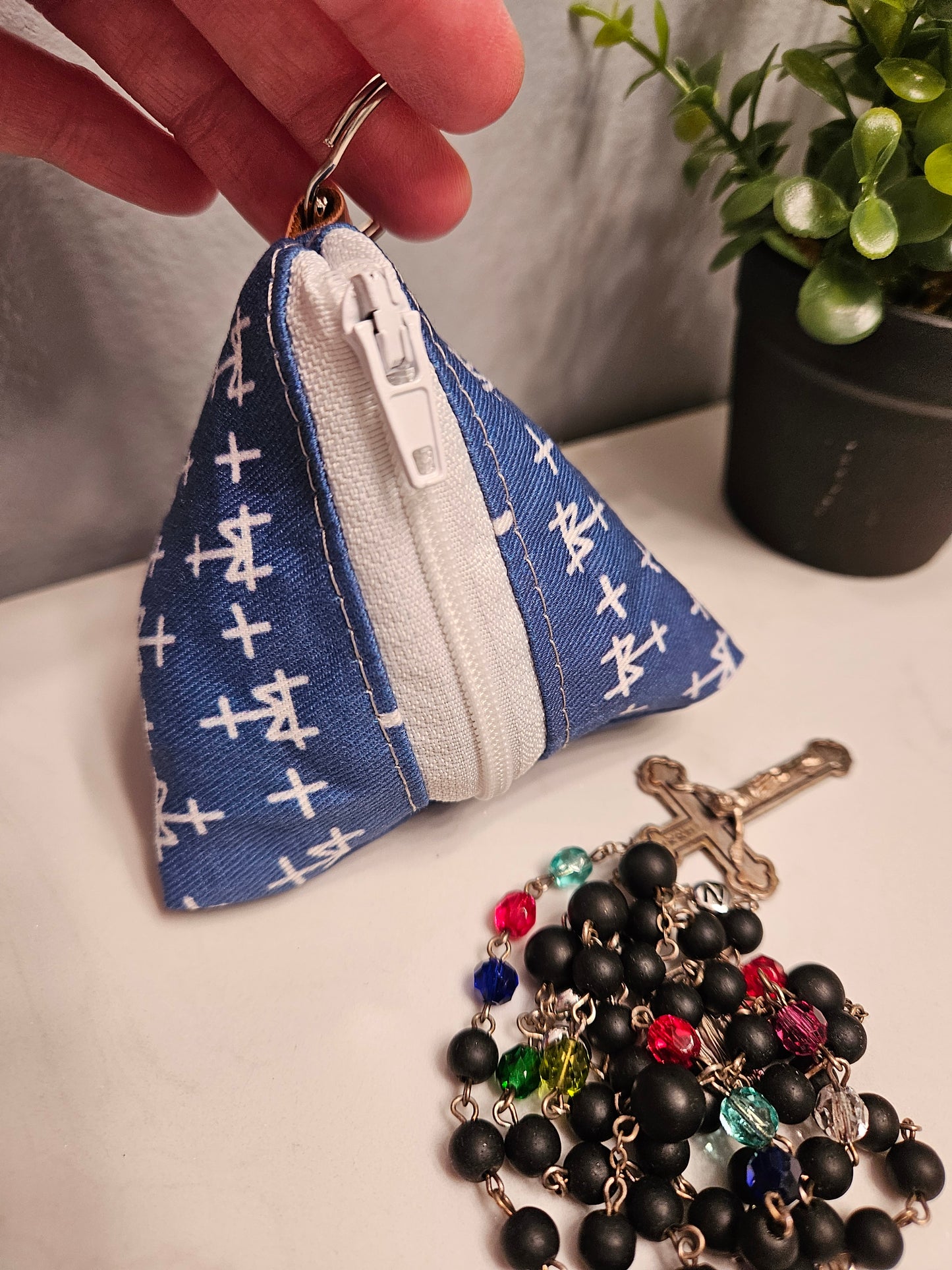 Triangle Rosary/Earbud cases featuring Catholic fabric in Marian symbols