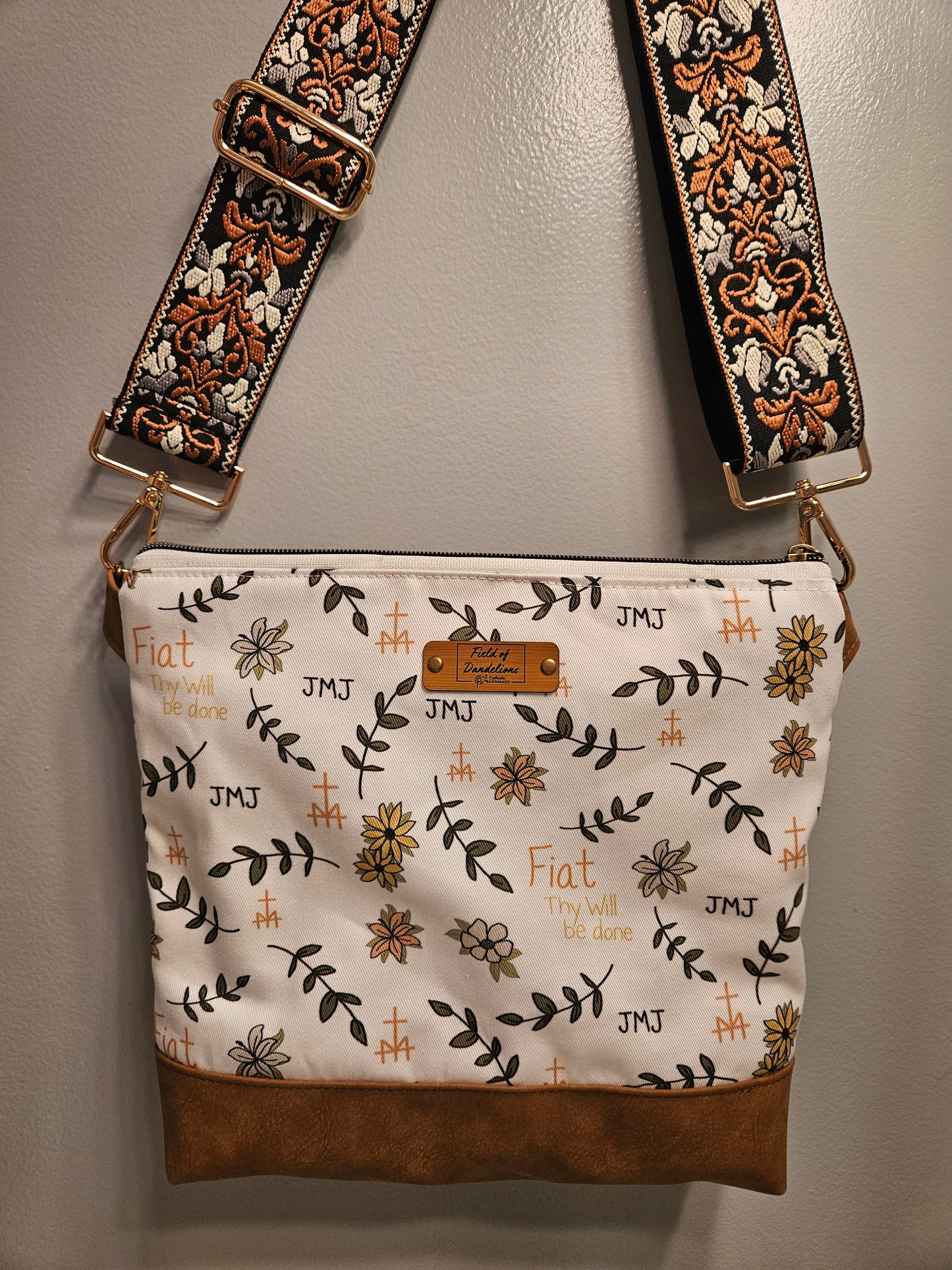 Asymmetrical Crossbody purse of Fiat Thy Will be Done Catholic fabric