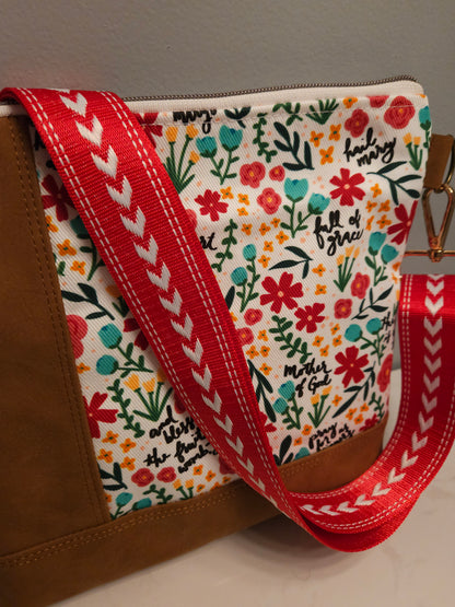 Crossbody purse with the Hail Mary prayer in the Catholic fabric designed by The Little Rose Shop