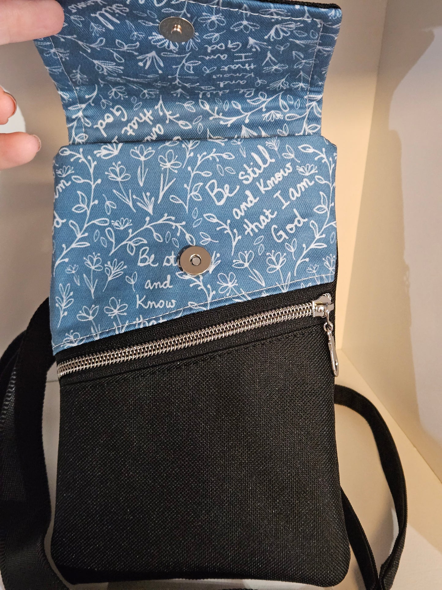 Phone Purse Be Still and Know that I am God Catholic Christian fabric crossbody purse with belt loop and wristlet options