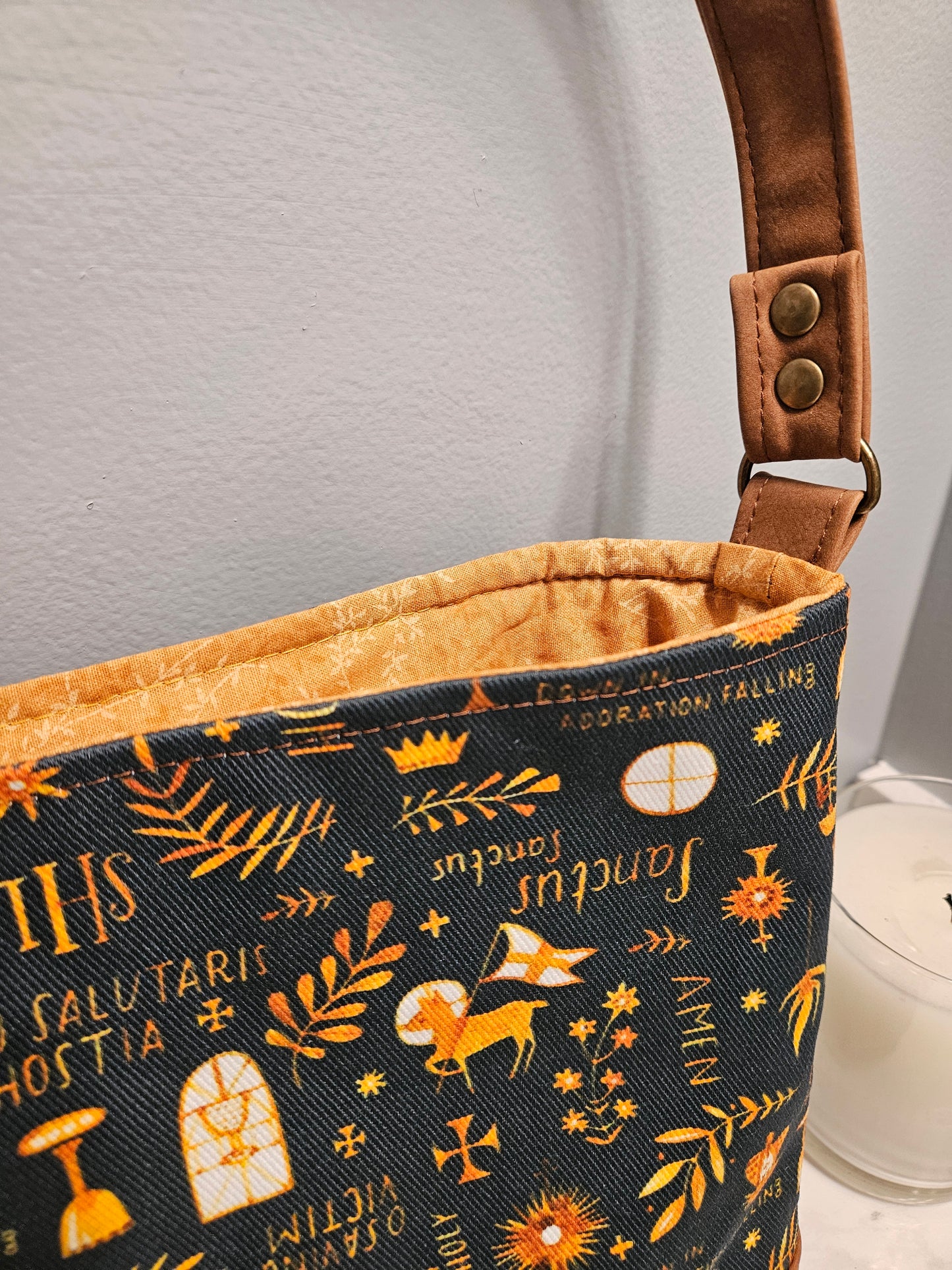 Asymmetrical tote bag purse with Latin prayers and Eucharistic Adoration symbols Catholic fabric tote bag