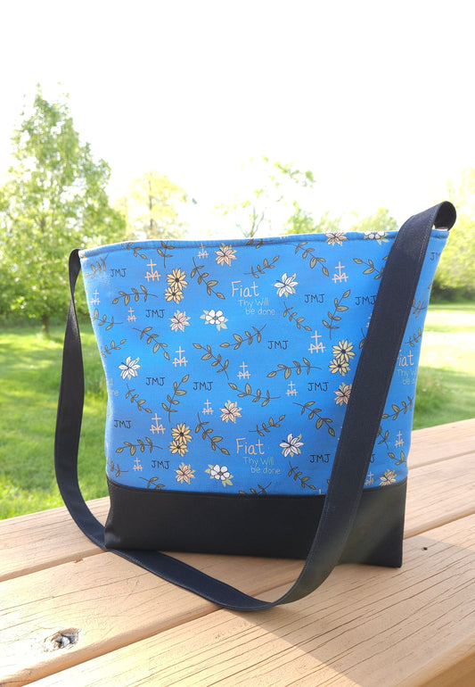 Fiat Thy Will be Done XL Crossbody Dusty Blue tote Catholic handmade purse