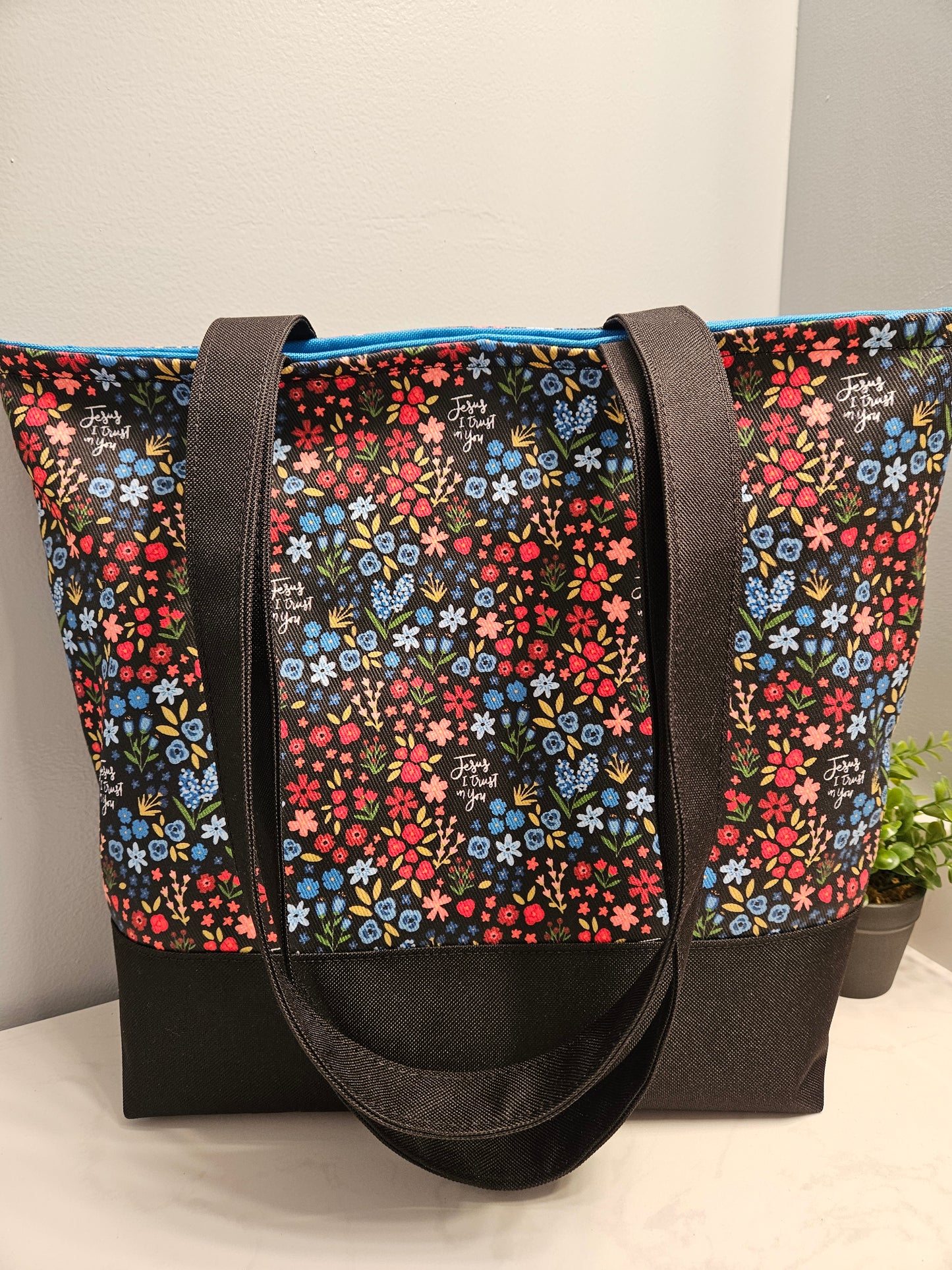 Jesus,  I Trust in You on black Catholic Christian fabric Extra Large tote bag