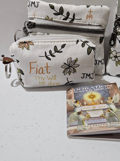 Fiat Thy Will be Done Small pouches- double zippered pouches and boxy pouches in Catholic fabrics