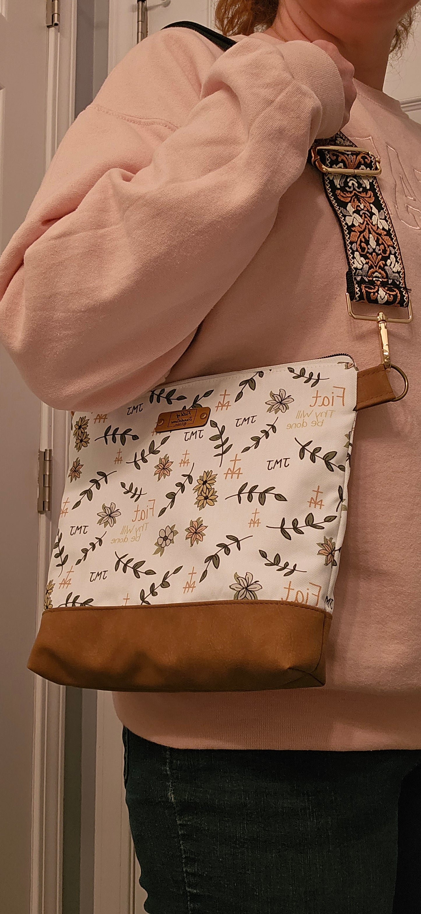 Asymmetrical Crossbody purse of Fiat Thy Will be Done Catholic fabric