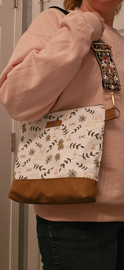 Asymmetrical Crossbody purse of Fiat Thy Will be Done Catholic fabric