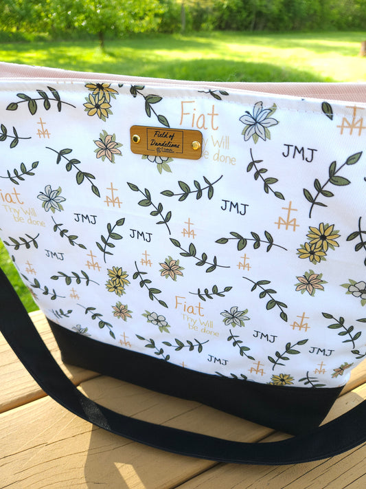 Fiat Thy Will be Done White Crossbody Tote bag Catholic handmade purse
