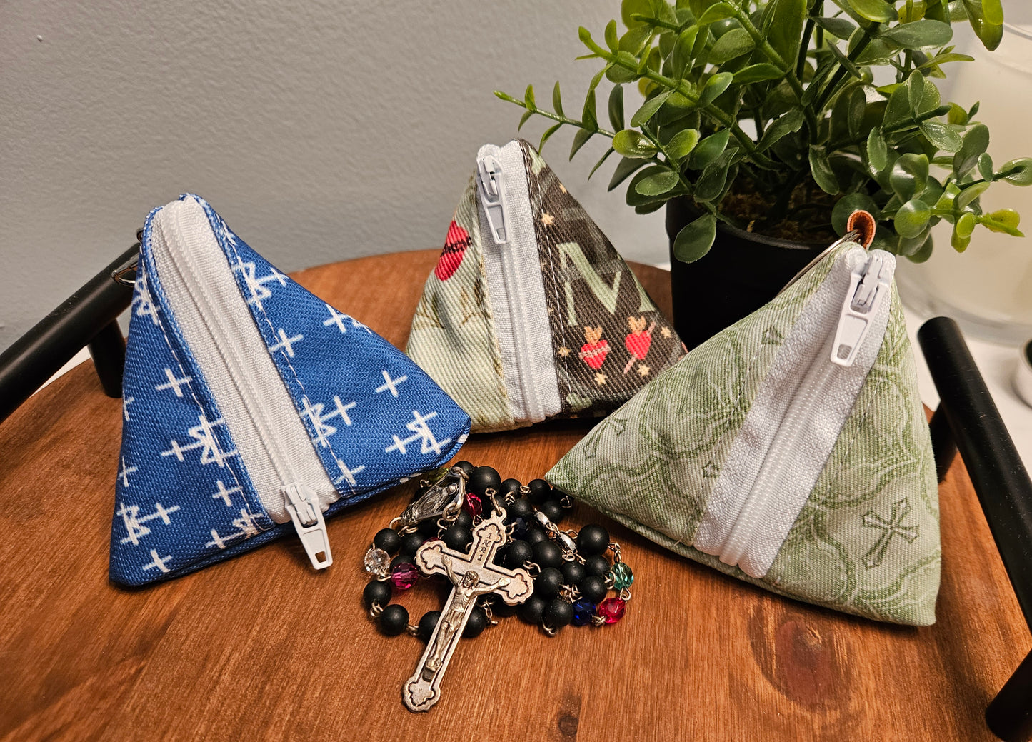 Triangle Rosary/Earbud cases featuring Catholic fabric in Marian symbols