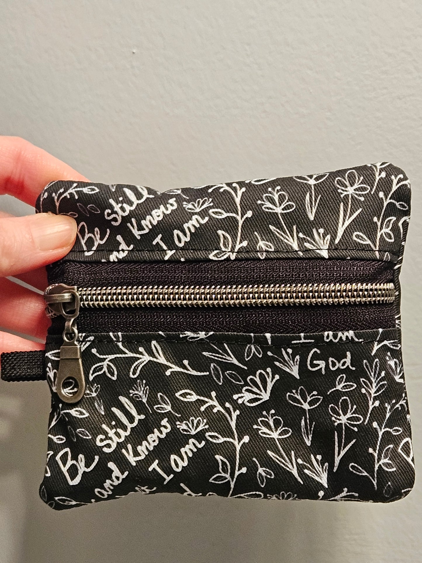 Double-sided zipper pouch with keyring Christian Catholic fabric pouch