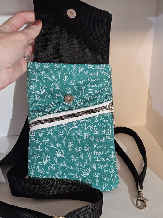Phone Purse Be Still and Know that I am God Catholic Christian fabric crossbody purse with belt loop and wristlet options