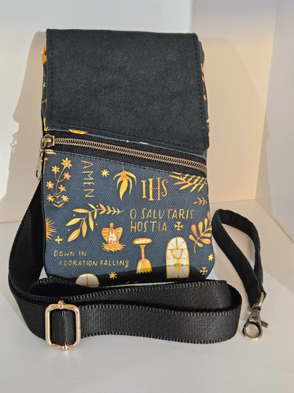 Phone Crossbody Purse Latin Adoration Catholic fabric with wristlet option and belt loop
