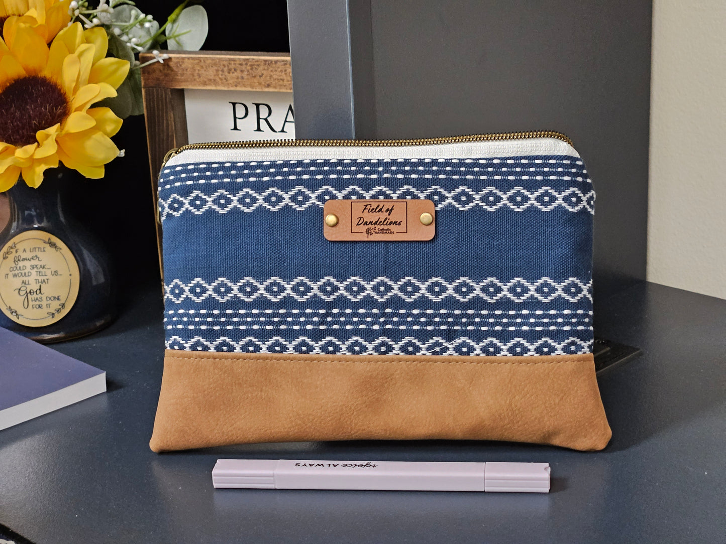 Navy Breathe in Me O Holy Spirit embroidered carry-all clutch veil pouch Catholic handmade