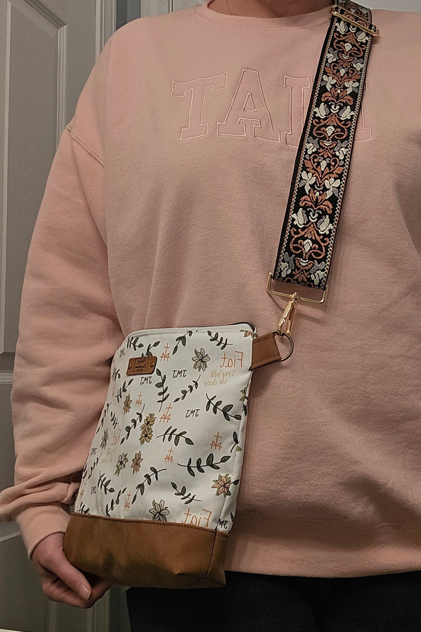 Asymmetrical Crossbody purse of Fiat Thy Will be Done Catholic fabric
