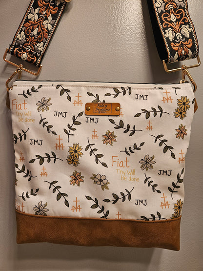 Asymmetrical Crossbody purse of Fiat Thy Will be Done Catholic fabric
