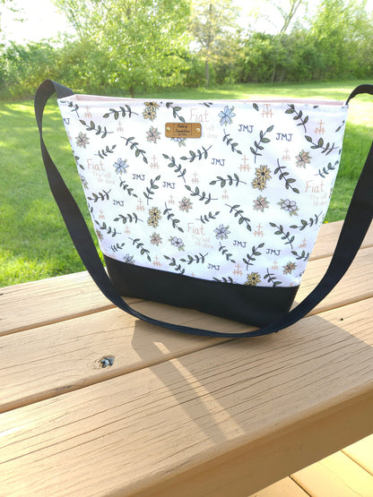 Fiat Thy Will be Done White Crossbody Tote bag Catholic handmade purse