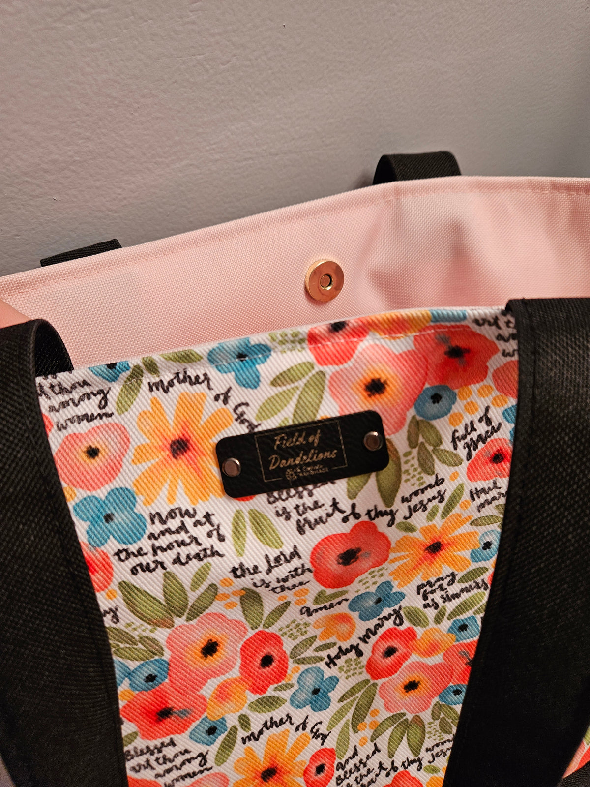 Extra Large Tote with Watercolor Hail Mary floral print Handmade