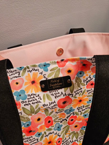 Extra Large Tote with Watercolor Hail Mary floral print Handmade
