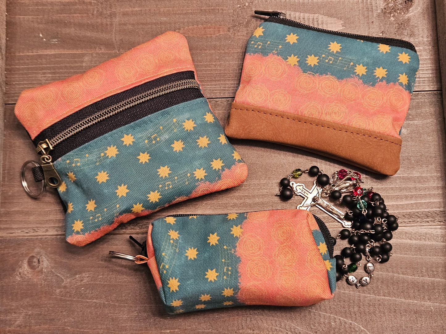 Our Lady of Guadalupe Music and Cacti Small pouches- double zippered pouches and boxy pouches in Catholic fabrics for rosary and wallet