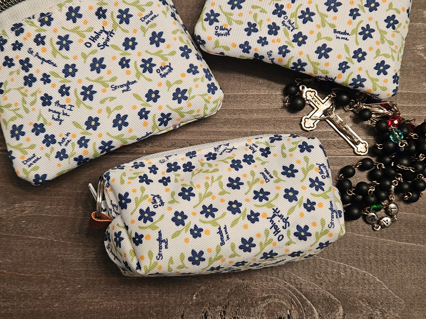 Prayer to the Holy Spirit St. Augustine Breathe in Me pouches in Catholic fabric for rosary, credit cards, wallets