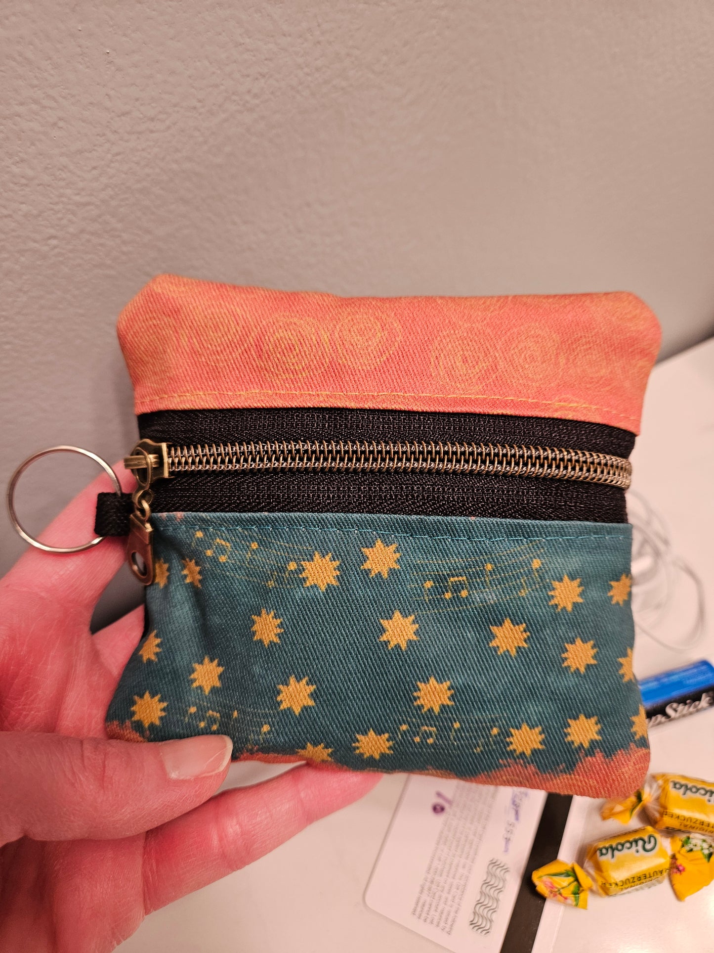 Double-sided zipper pouch with keyring Christian Catholic fabric pouch