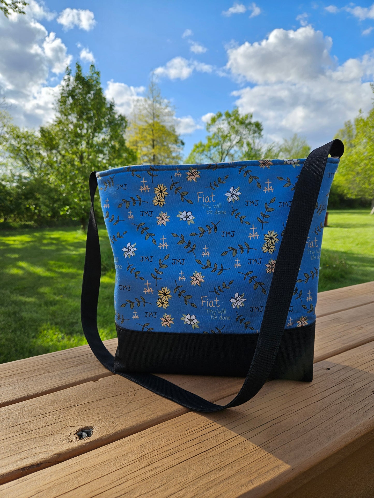 Fiat Thy Will be Done XL Crossbody Dusty Blue tote Catholic handmade purse