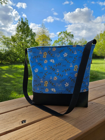 Fiat Thy Will be Done XL Crossbody Dusty Blue tote Catholic handmade purse