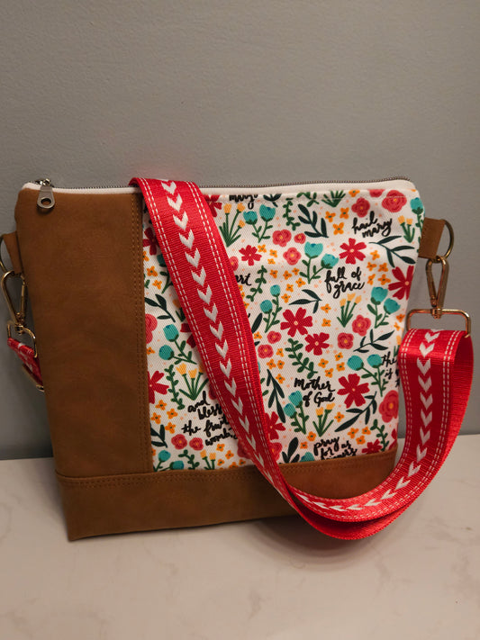 Crossbody purse with the Hail Mary prayer in the Catholic fabric designed by The Little Rose Shop