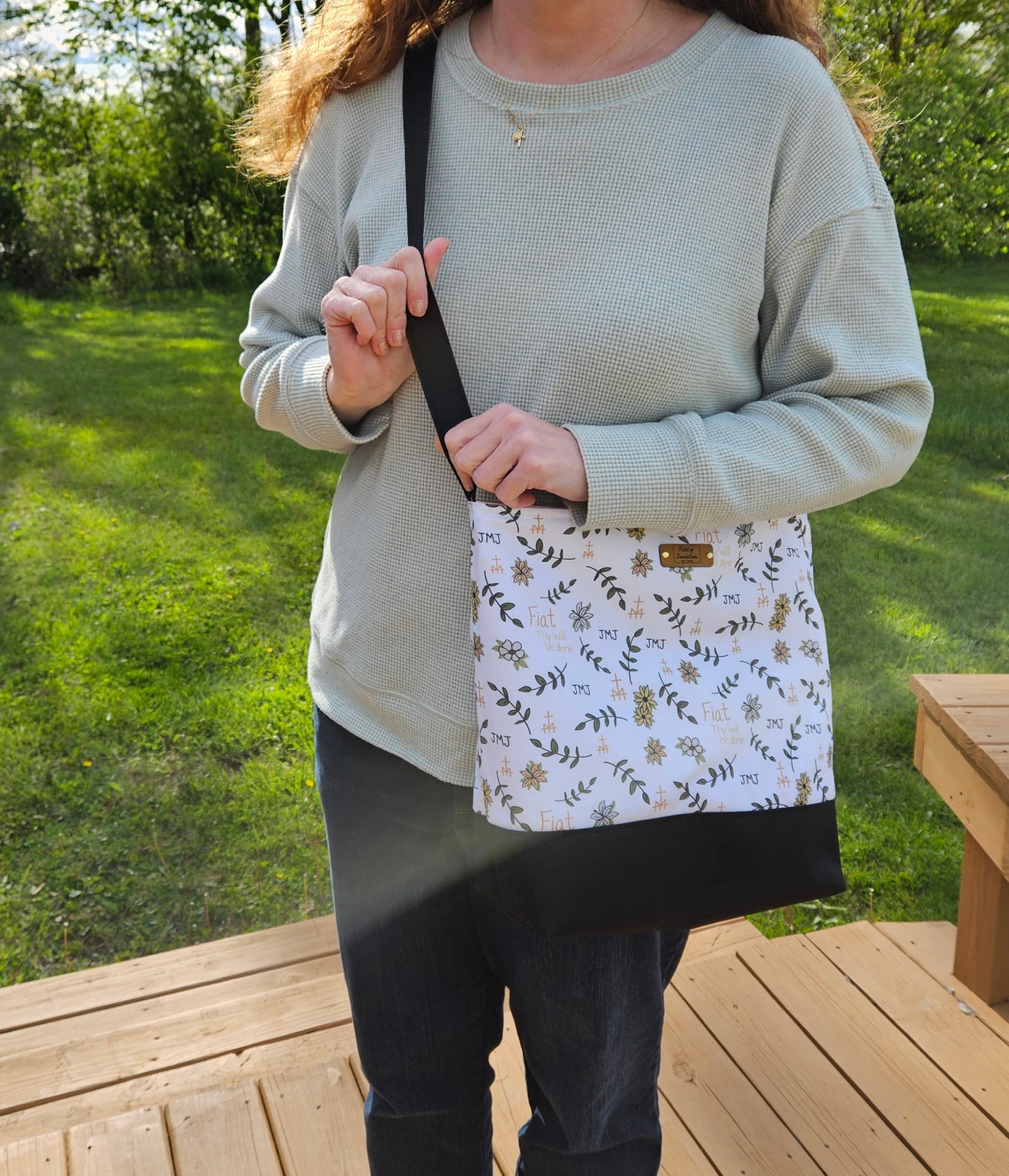 Fiat Thy Will be Done White Crossbody Tote bag Catholic handmade purse
