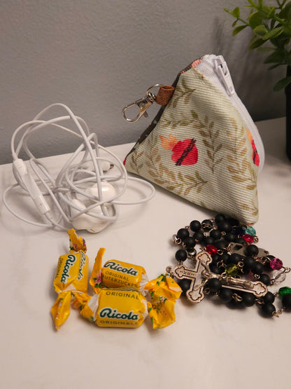Triangle Rosary/Earbud cases featuring Catholic fabric in Marian symbols