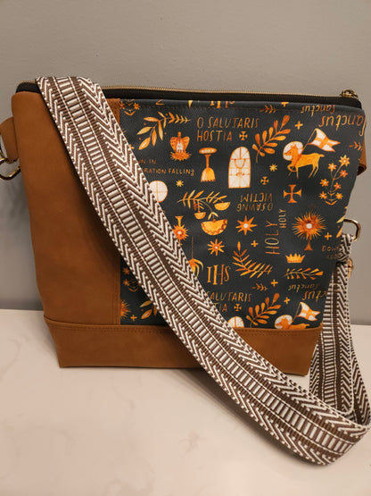 Crossbody purse with Latin prayers and Eucharistic Adoration symbols Catholic fabric bag