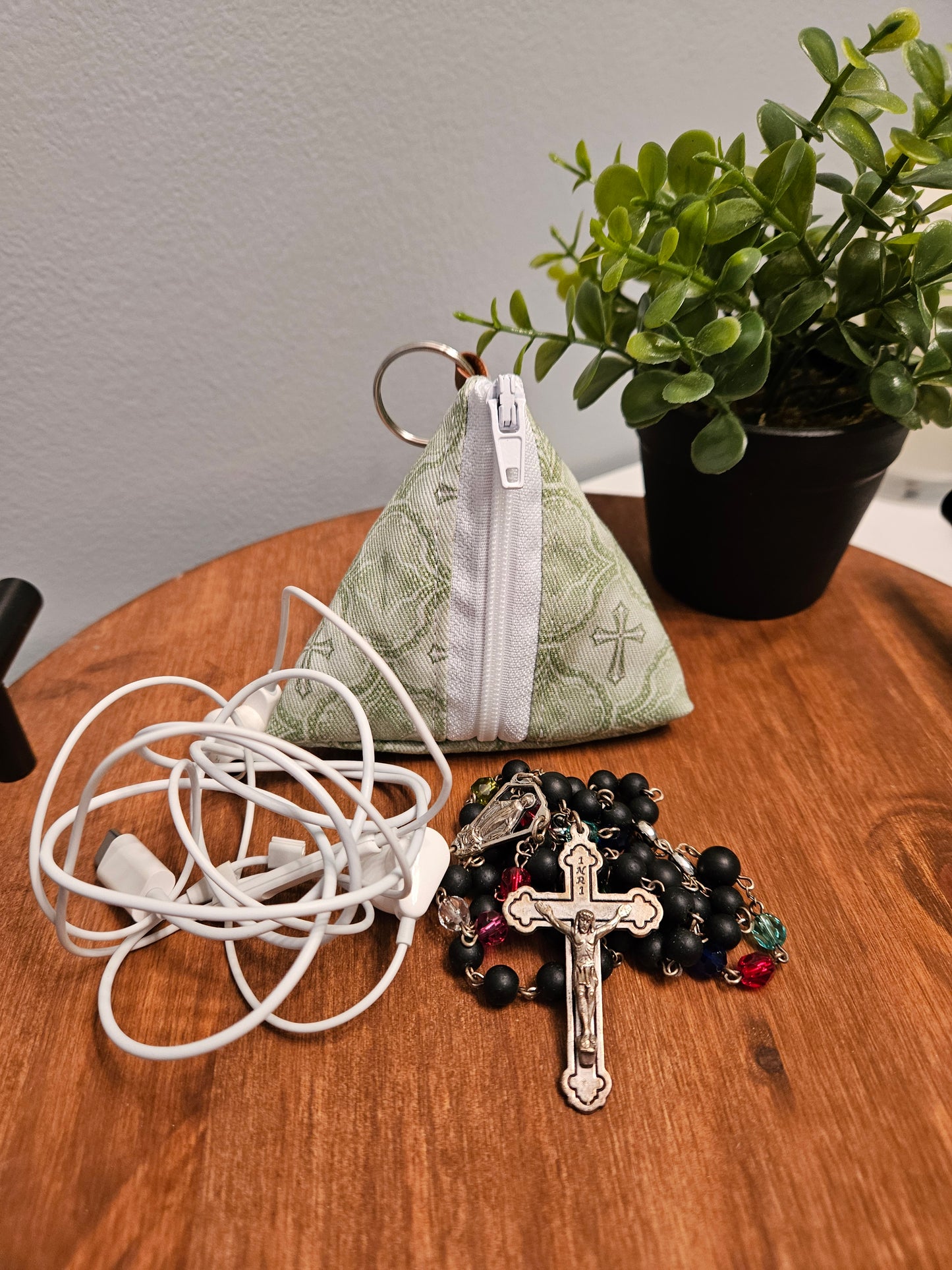Triangle Rosary/Earbud cases featuring Catholic fabric in Marian symbols