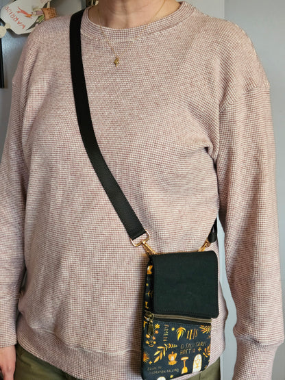 Phone Crossbody Purse Latin Adoration Catholic fabric with wristlet option and belt loop