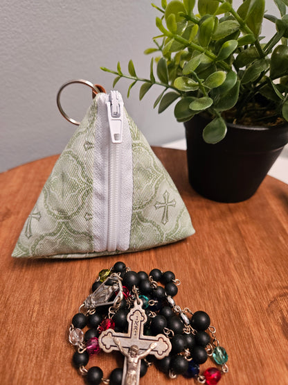 Triangle Rosary/Earbud cases featuring Catholic fabric in Marian symbols