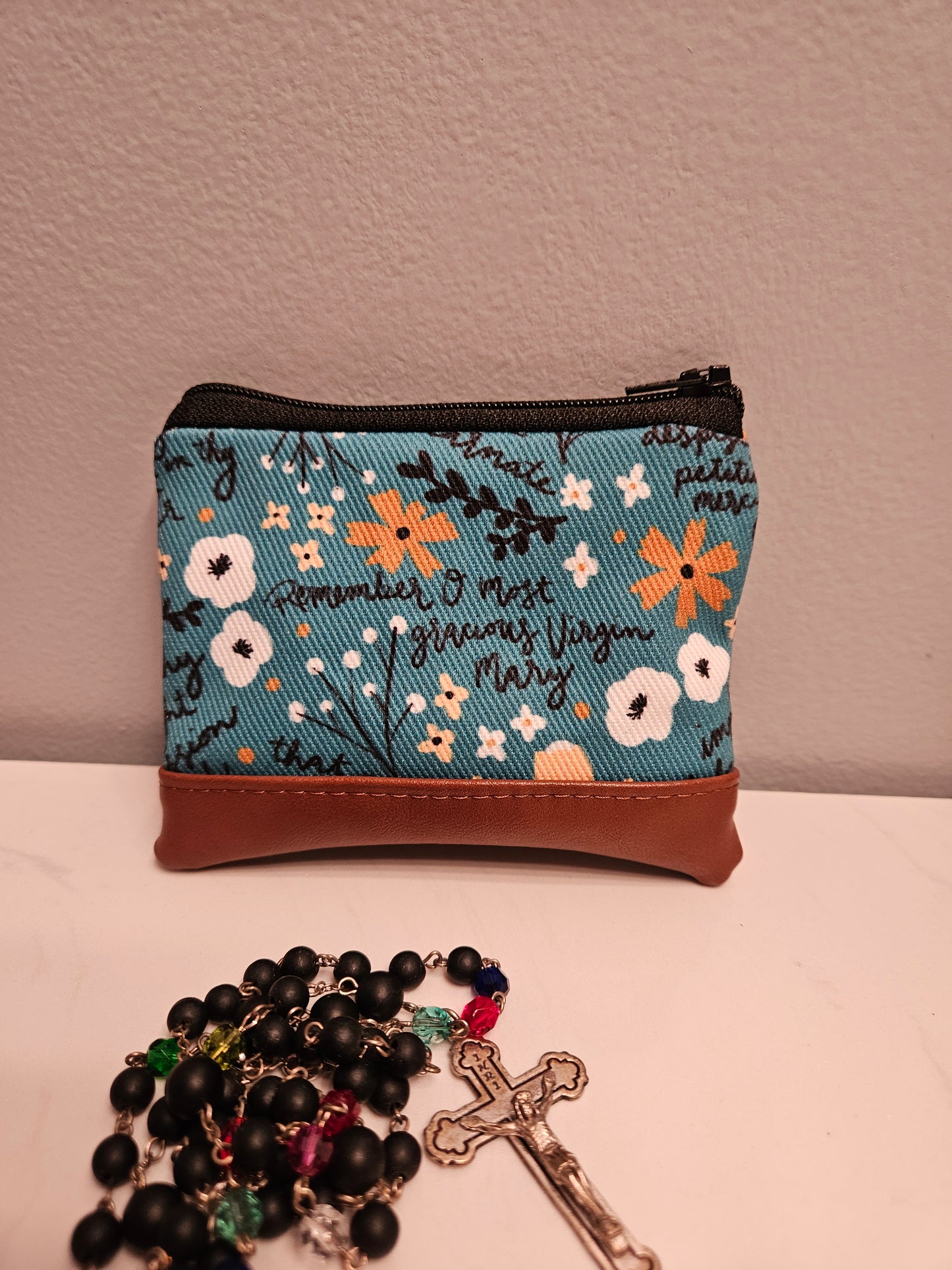 Memorare Teal Catholic Fabric Rosary Pouch Wallet
