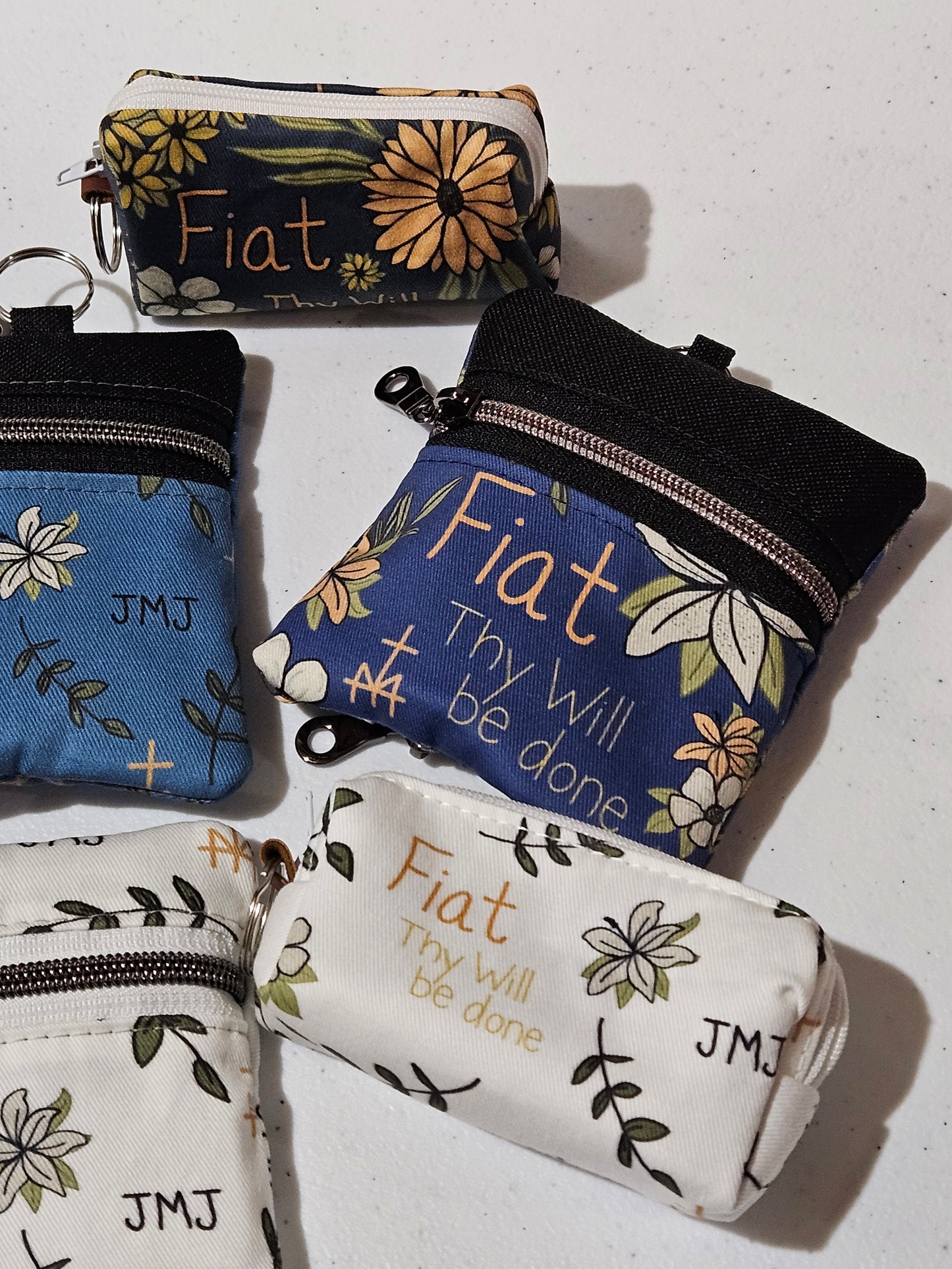 Fiat Thy Will be Done Small pouches- double zippered pouches and boxy pouches in Catholic fabrics