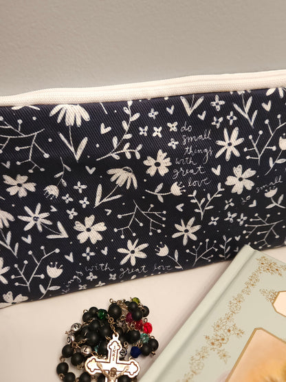 Small Things Great Love navy zippered pouch Christian motto by Mother Teresa
