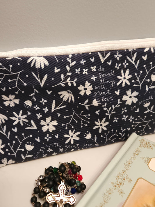 Small Things Great Love navy zippered pouch Christian motto by Mother Teresa