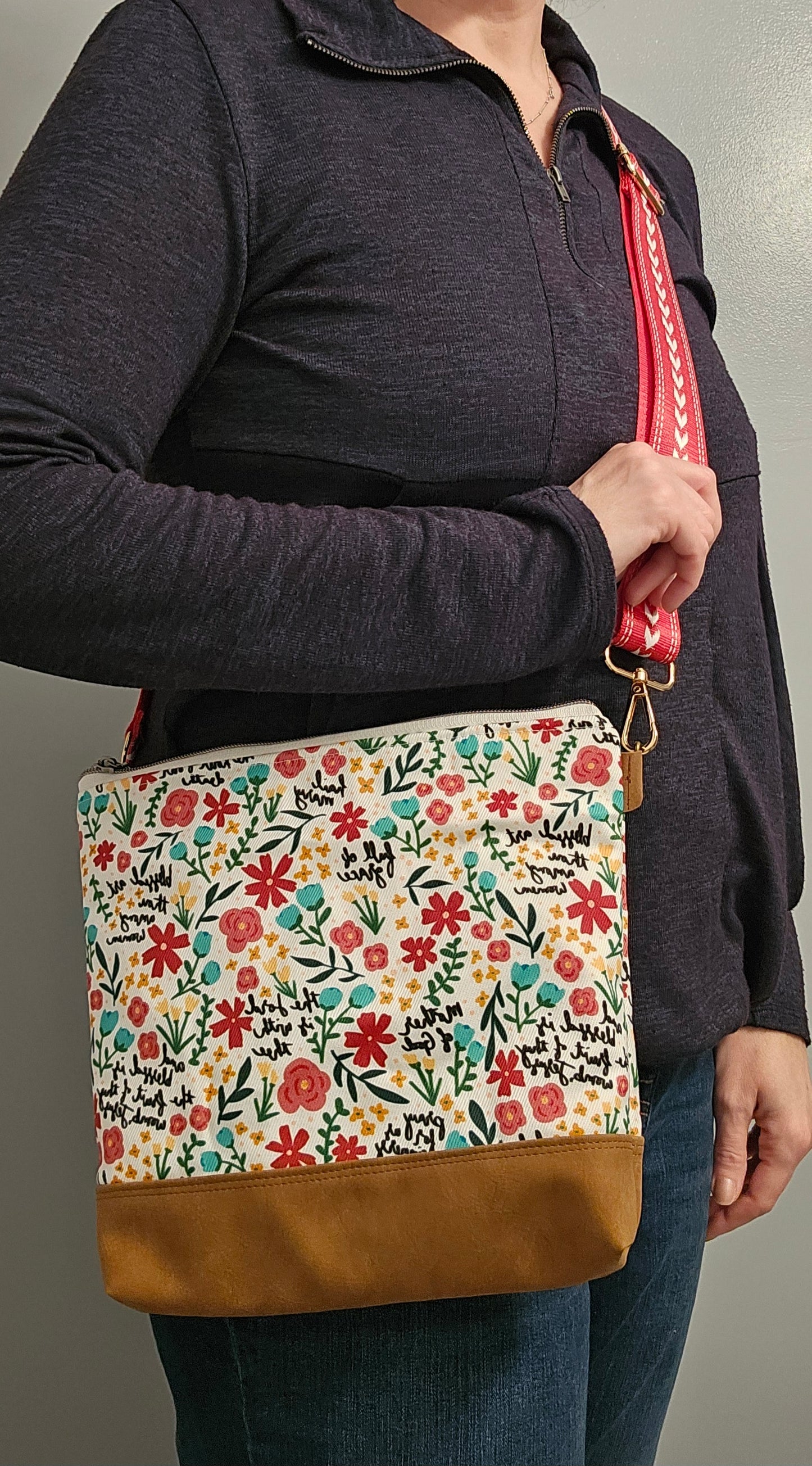 Crossbody purse with the Hail Mary prayer in the Catholic fabric designed by The Little Rose Shop