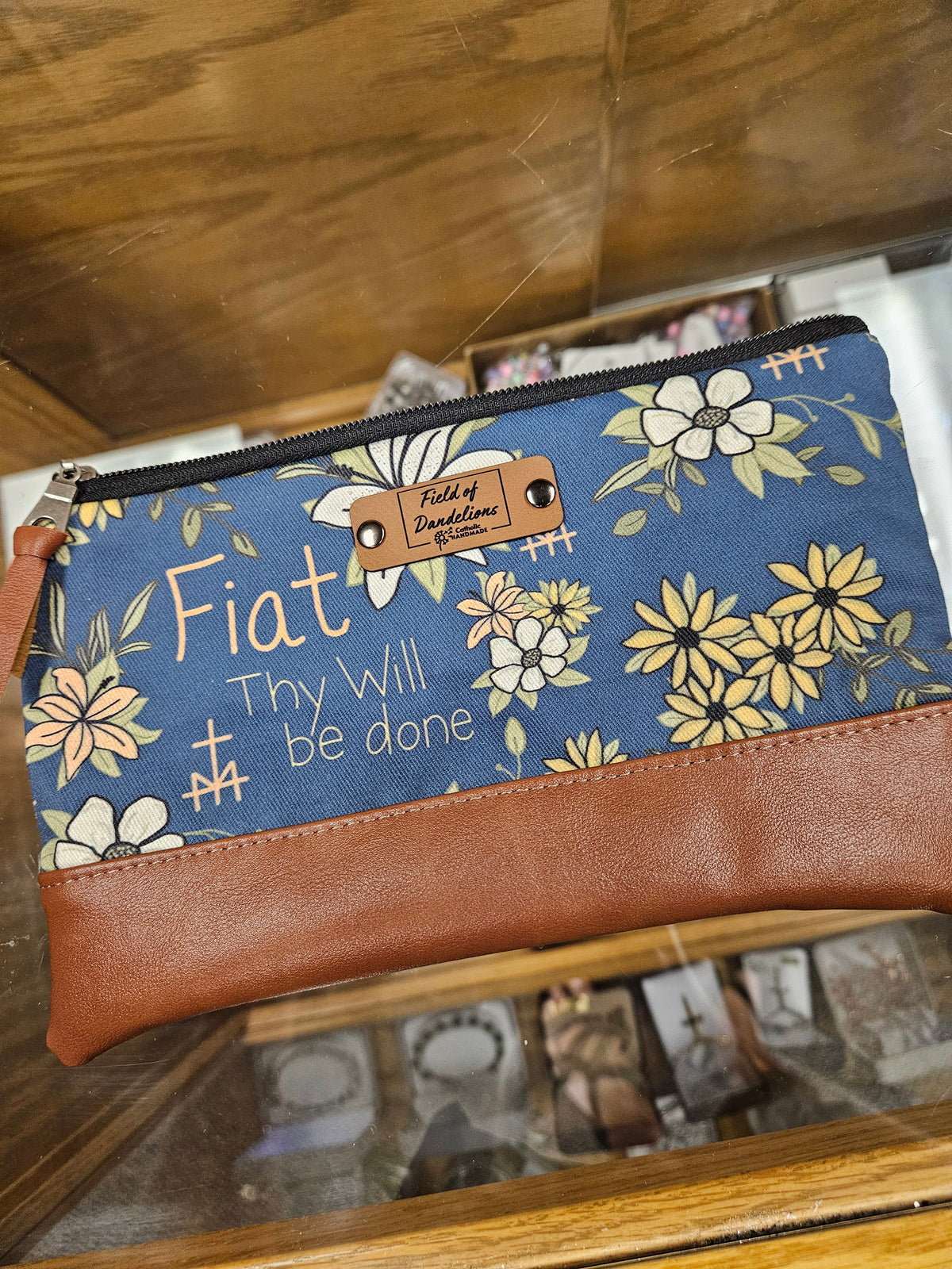 Fiat Blue Carry-all clutch with St. Joseph's lily Catholic handmade gift