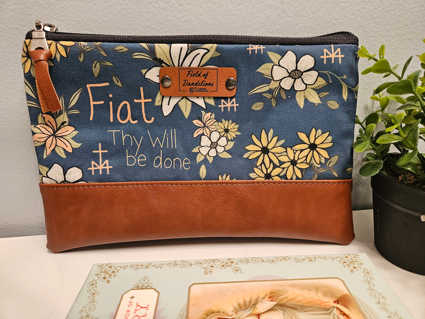 Fiat Blue Carry-all clutch with St. Joseph's lily Catholic handmade gift