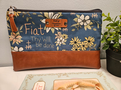 Fiat Blue Carry-all clutch with St. Joseph's lily Catholic handmade gift