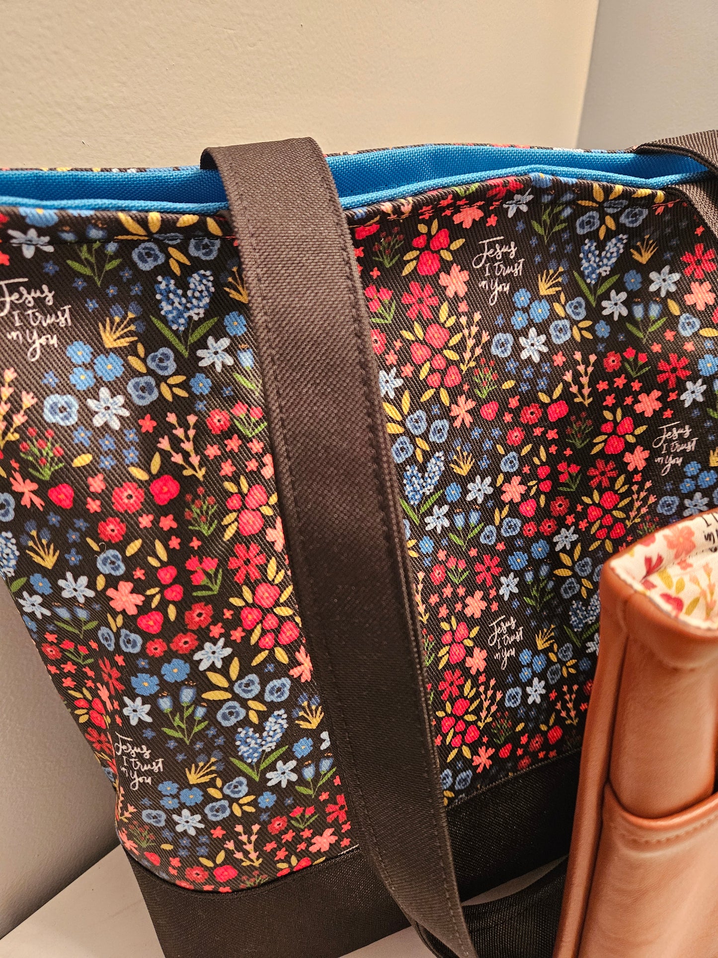 Jesus,  I Trust in You on black Catholic Christian fabric Extra Large tote bag