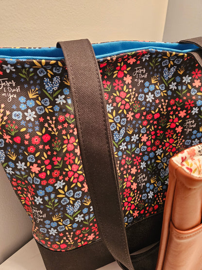 Jesus,  I Trust in You on black Catholic Christian fabric Extra Large tote bag