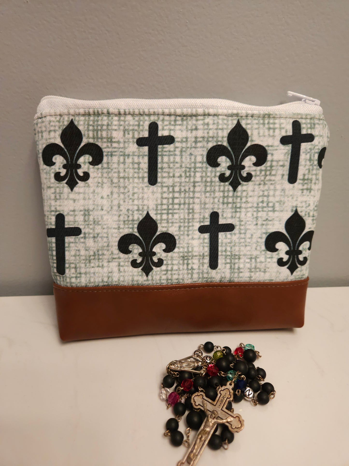 Joan of Arc Fleur de Lis Padded Zippered Purse Organizer Pouch, Rosary, Prayer Cards, Religious Gift, Catholic