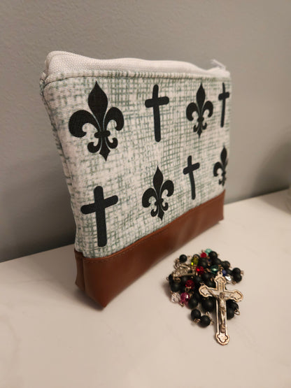 Joan of Arc Fleur de Lis Padded Zippered Purse Organizer Pouch, Rosary, Prayer Cards, Religious Gift, Catholic