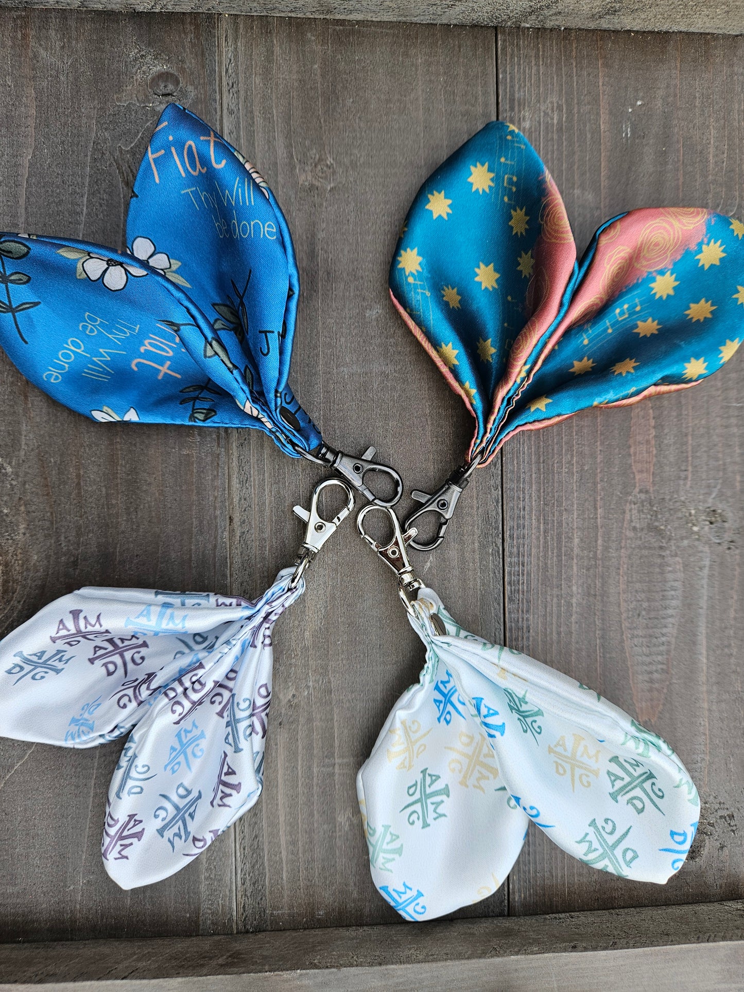 Satin Ribbon keychain bag charm in Catholic fabrics