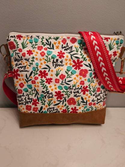 Crossbody purse with the Hail Mary prayer in the Catholic fabric designed by The Little Rose Shop