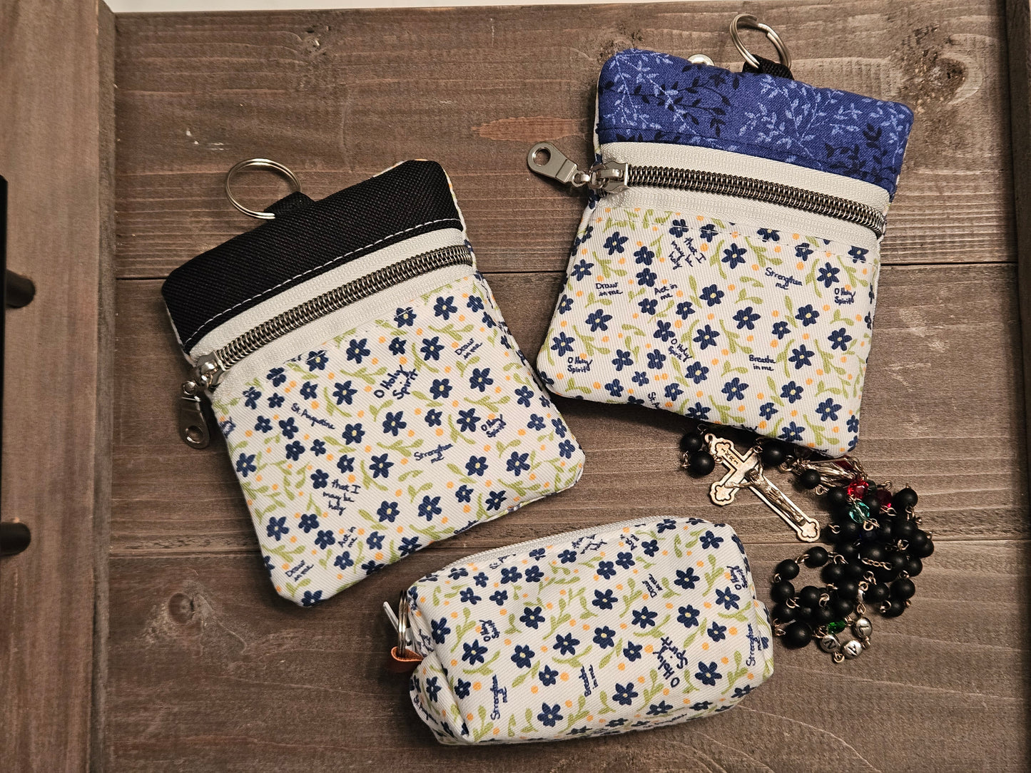 Prayer to the Holy Spirit St. Augustine Breathe in Me pouches in Catholic fabric for rosary, credit cards, wallets