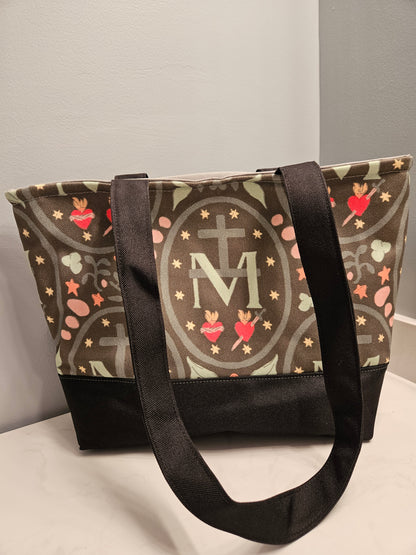 Miraculous Medal Large Water Resistant Canvas Tote- Marian Catholic Bible Adoration bag